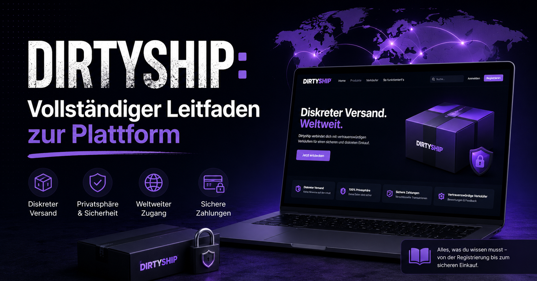 Modernes Feature-Bild für Dirtyship mit futuristischem Design, globalem Netzwerk, Sicherheitssymbolen und dunklem Neon-Look.